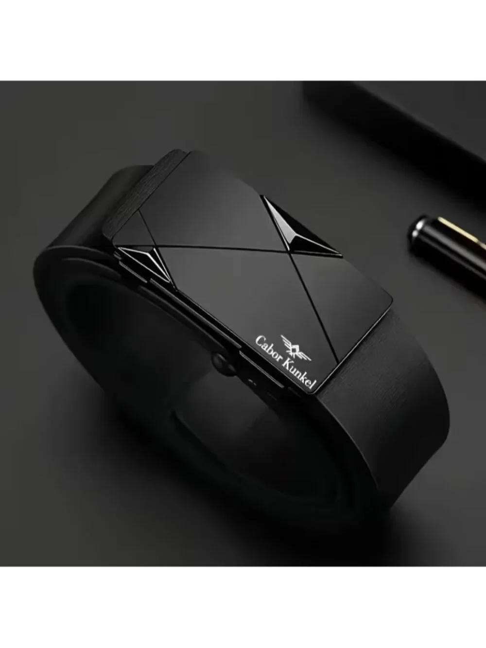 Elegant Fashion Men Belt Black Triangle Alloy Buckle Black Length 50.5